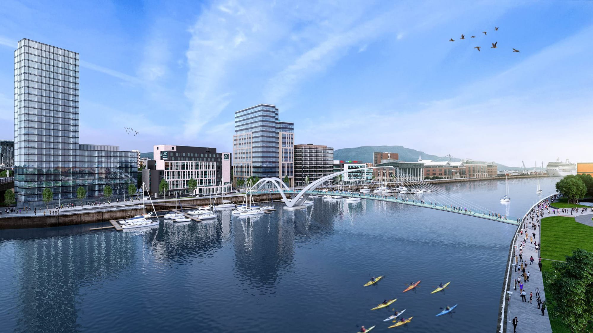 City Quays, edifícios nos novos padrões de desenvolvimento urbano. Belfast (2023).