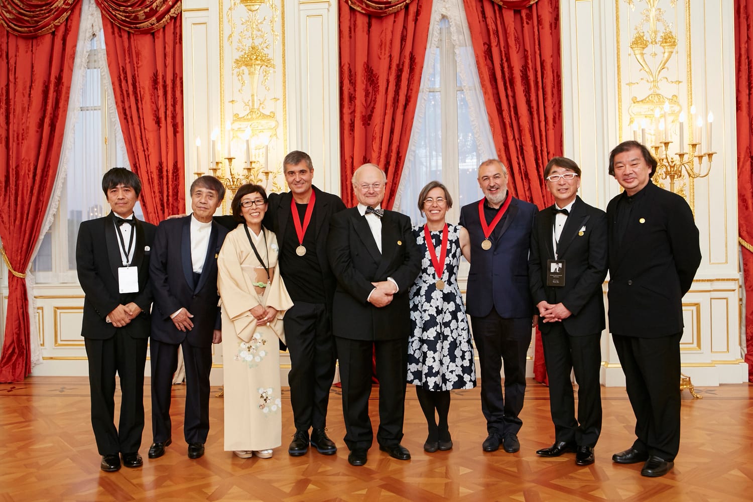 Premio Pritzker 2017: Ryue Nishizawa, Tadao Ando, Kazuyo Sejima, Rafael Aranda, Glenn Murcutt, Carme Pigem, Ramon Vilalta, Toyo Ito, Shigeru Ban. Foto de Pritzker Prize.