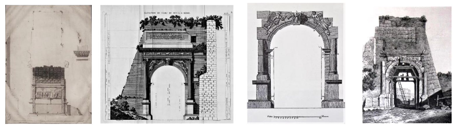 Seção, perfil e detalhes construtivos do Arco de Tito, em Roma, na Itália.